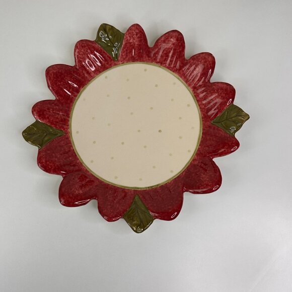 Set Of 2 Red Sunflower Shaped Ceramic Plates With Polka Dot Center Chic Boho 10" - Picture 2 of 11